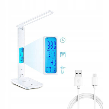 Lampka biurkowa LED USB biała z zegarem składana